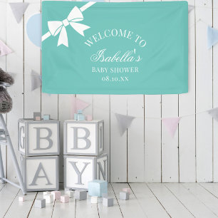 Teal Blue And White Ribbon Bow Baby Shower Welcome Banner