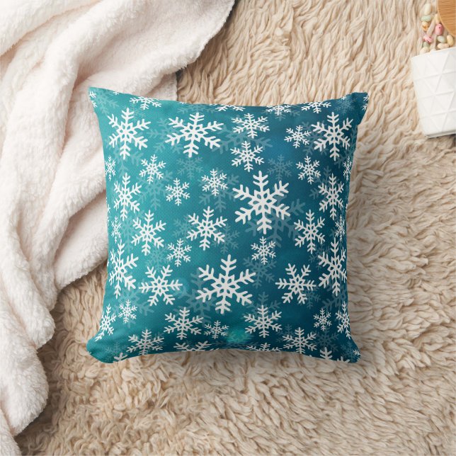 Teal Blue and White Snowflakes Cushion (Blanket)