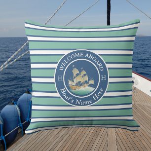 Teal Blue and White Striped Nautical Boat Name  Cushion