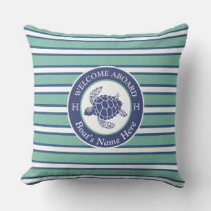 Teal Blue and White Striped Sea Turtles Cushion