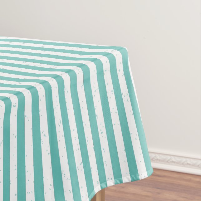 Teal Blue and White Weathered Look Striped Tablecloth (In Situ)