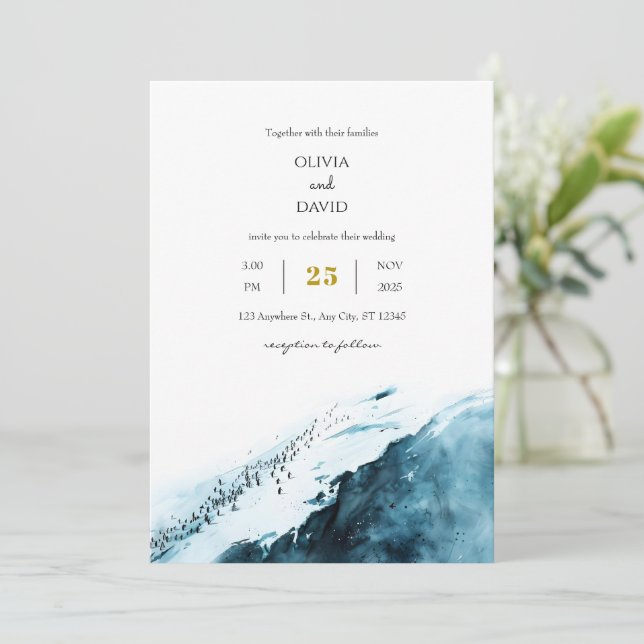 Teal Blue Antarctic Coast Penguin Ocean Wedding Invitation (Standing Front)