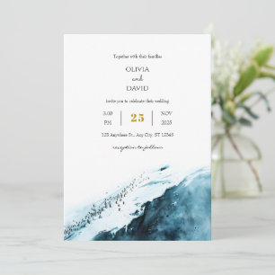 Teal Blue Antarctic Coast Penguin Ocean Wedding Invitation