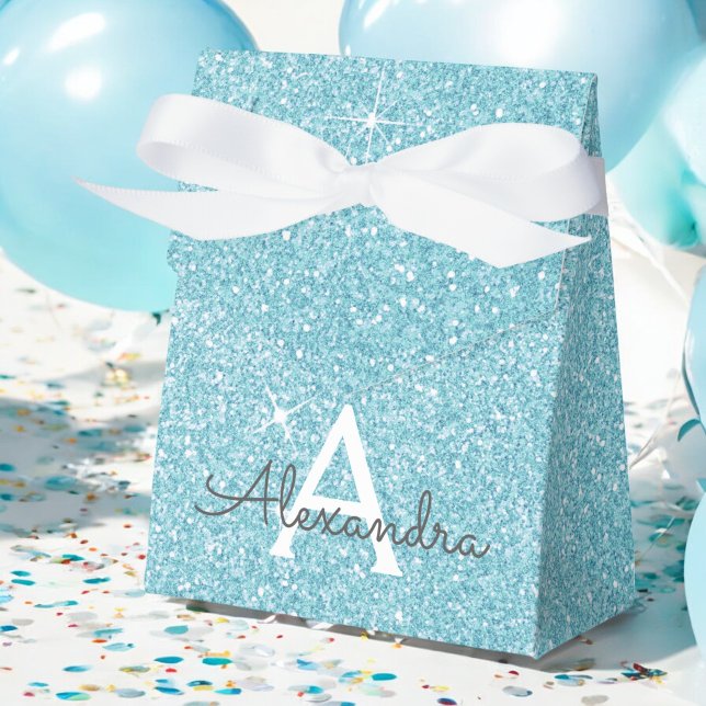 Teal Blue Aqua Glitter & Sparkle Monogram Favour Box (Creator Uploaded)