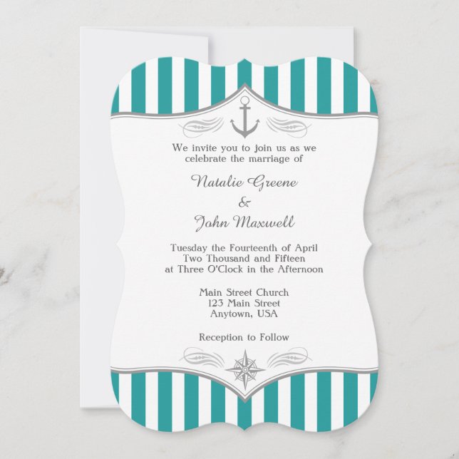 Teal Blue Aqua Grey Nautical Wedding Invitation (Front)