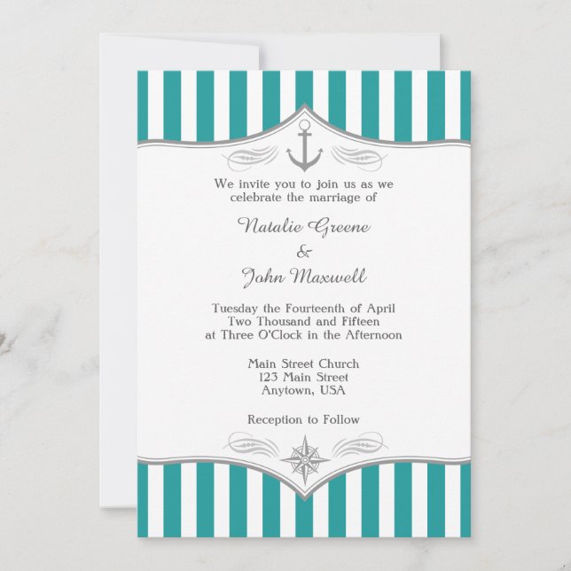 Teal Blue Aqua Grey Nautical Wedding Invitation (Front)