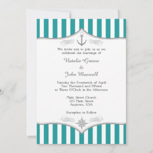 Teal Blue Aqua Grey Nautical Wedding Invitation