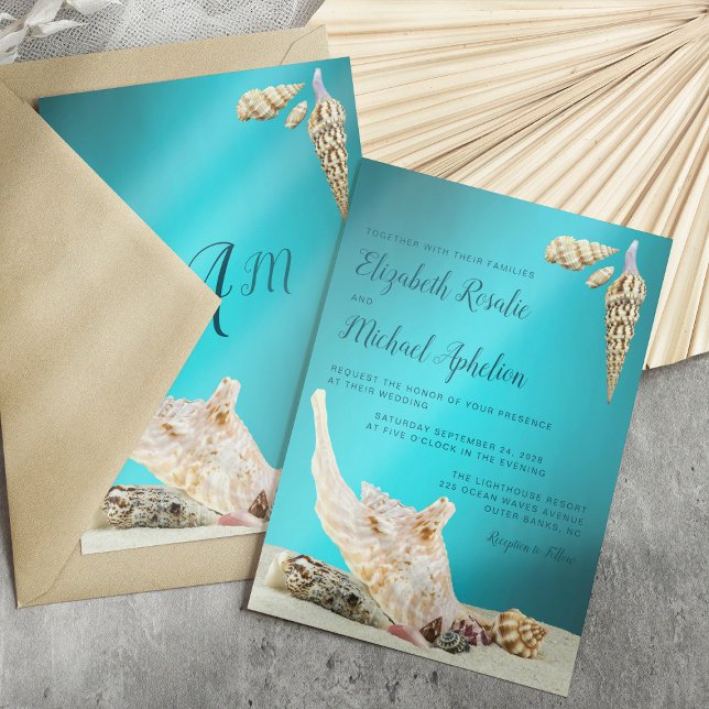 Teal Blue Aqua Seashell Beach Wedding Invitation (Creator Uploaded)