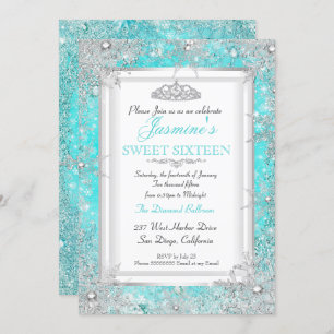 Teal Blue Aqua Silver Winter Wonderland Sweet 16 Invitation