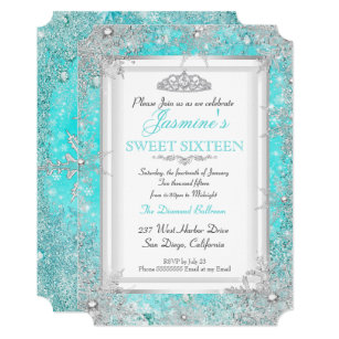 Teal Blue Aqua Silver Winter Wonderland Sweet 16 Invitation