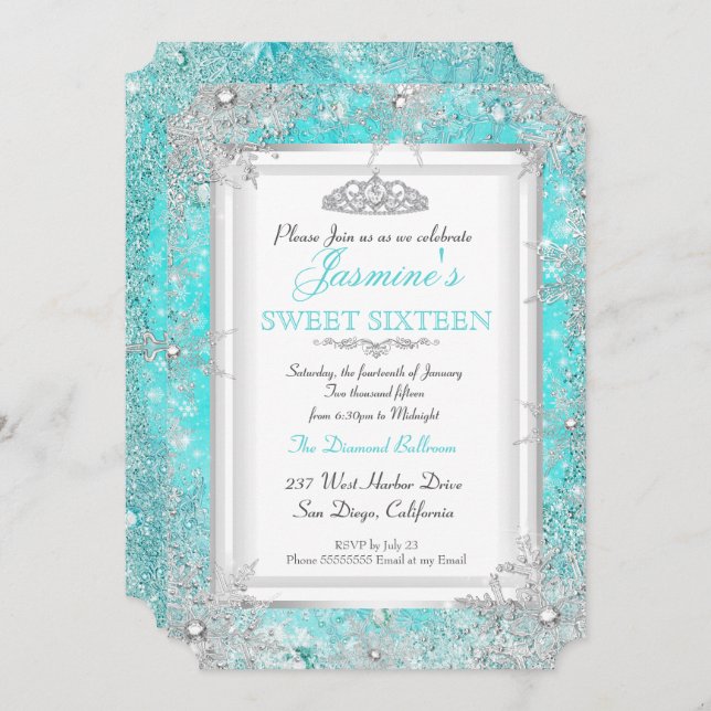 Teal Blue Aqua Silver Winter Wonderland Sweet 16 Invitation (Front/Back)