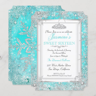 Teal Blue Aqua Silver Winter Wonderland Sweet 16 Invitation