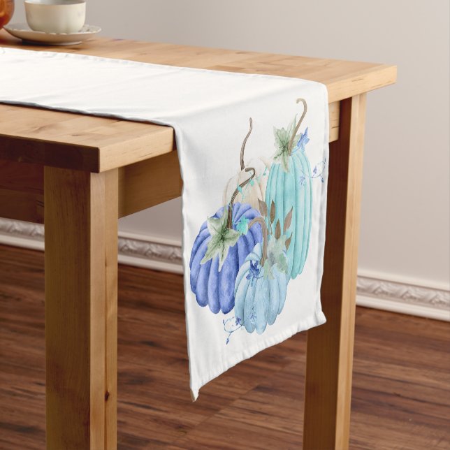 Teal Blue Aqua Taupe Pumpkin Autumn Fall Short Table Runner (In Situ)