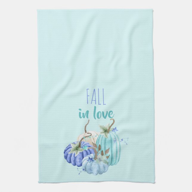 Teal Blue Aqua Taupe Pumpkin Autumn Fall Tea Towel (Vertical)
