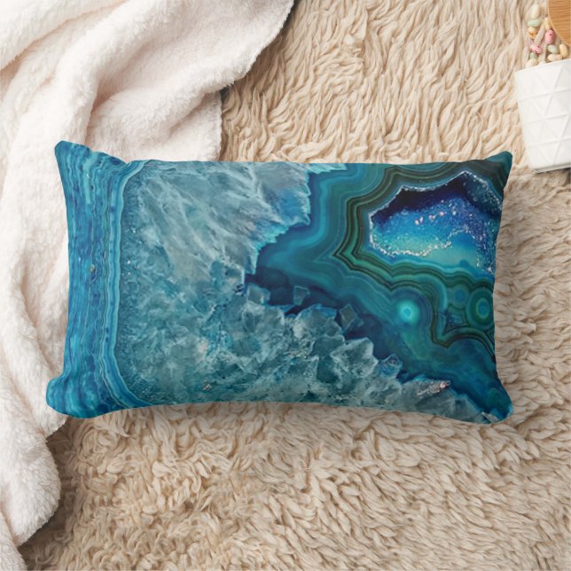 Teal Blue Aqua Turquoise Geode Crystals Pattern Lumbar Cushion (Blanket)