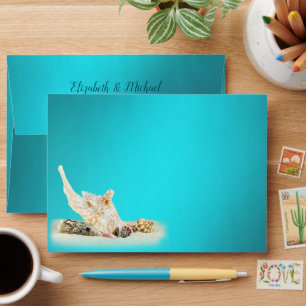 Teal Blue Aqua Turquoise Seashell Beach Wedding  Envelope