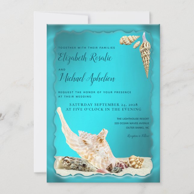 Teal Blue Aqua Turquoise Seashell Wedding Invitation (Front)