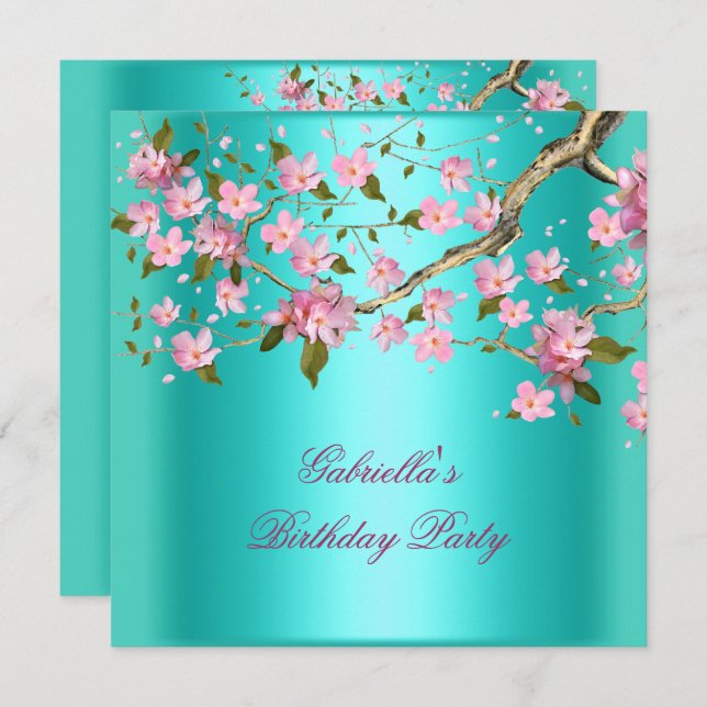 Teal Blue Asian Floral Birthday Party Invitation (Front/Back)