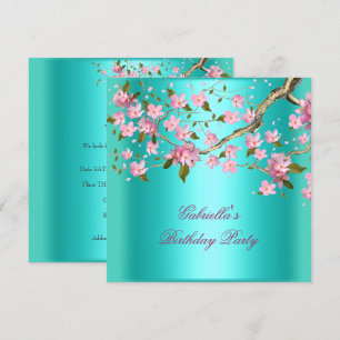 Teal Blue Asian Floral Birthday Party Invitation