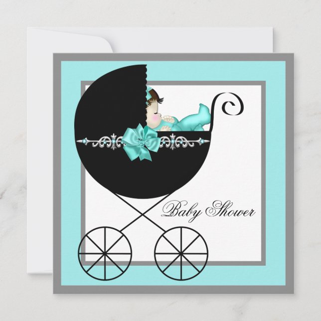 Teal Blue Baby Carriage Baby Shower Invitation (Front)