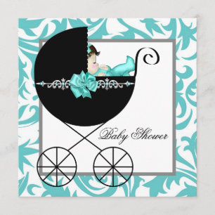 Teal Blue Baby Carriage Baby Shower Invitations