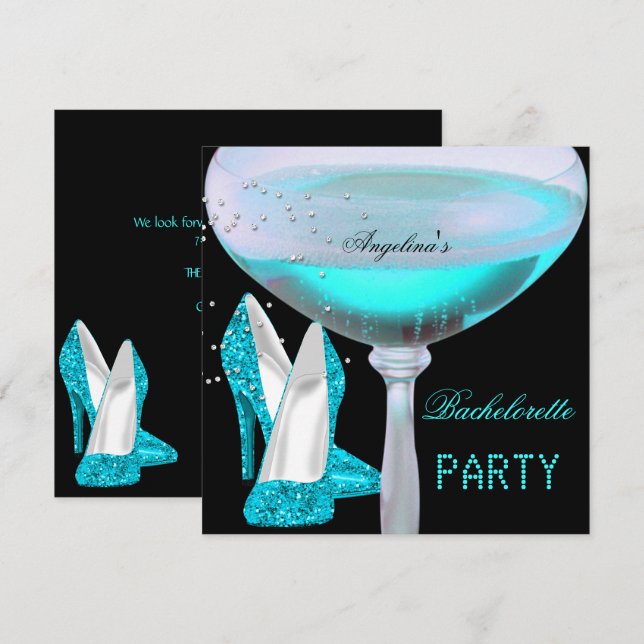 Teal Blue Bachelorette Party Champagne Shoes Invitation (Front/Back)