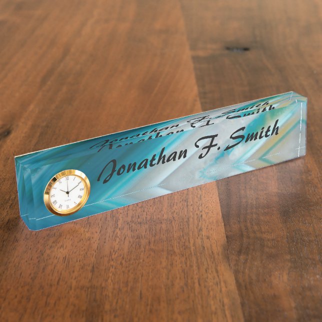 Teal Blue Banded Agate Desk Name Plate With Clock (Side)