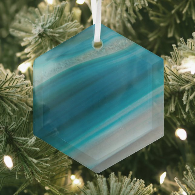 Teal Blue Banded Agate Pattern Glass Tree Decoration (Insitu)