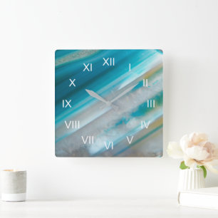 Teal Blue Banded Agate with Roman Numerals Square Wall Clock
