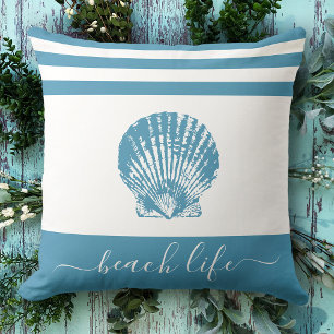 Teal blue beach life script seashell modern chic cushion