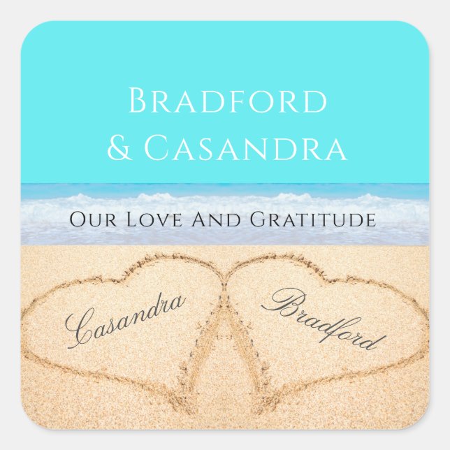 Teal Blue Beach Wedding 2 Hearts in the Sand Square Sticker (Front)