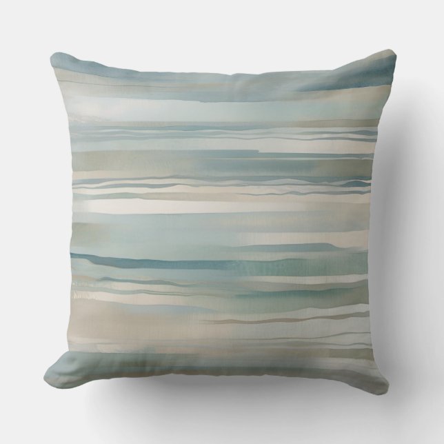 Teal Blue Beige Aqua Ivory Coastal Stripe Cushion (Front)