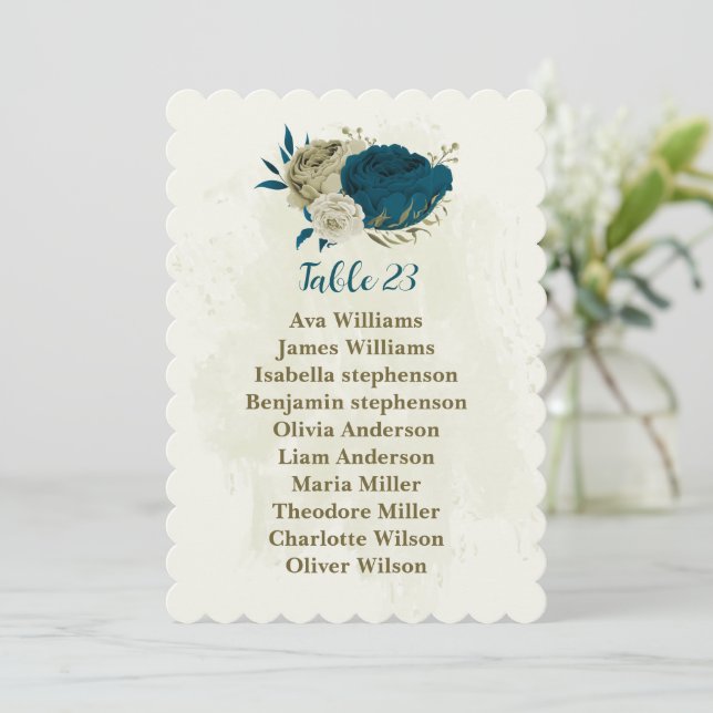 teal blue beige botanical seating chart card (Standing Front)