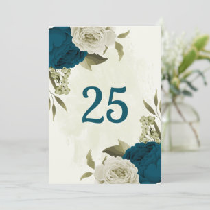 teal blue beige floral botanical table number card