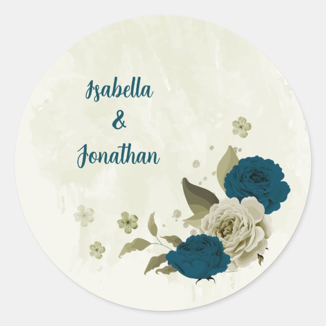 teal blue beige floral botanical wedding classic round sticker (Front)