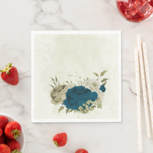 teal blue beige floral botanical wedding napkin