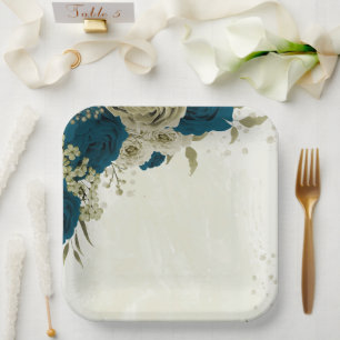 teal blue beige floral botanical wedding paper plate