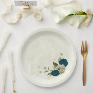 teal blue beige floral botanical wedding paper plate