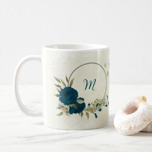teal blue beige floral coffee mug