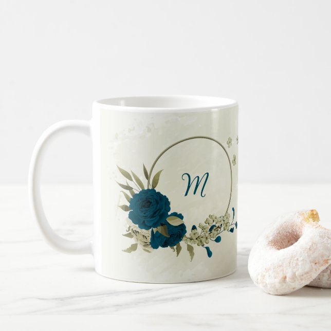 teal blue beige floral  coffee mug (With Donut)
