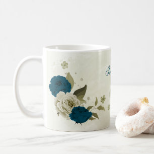 teal blue beige floral coffee mug