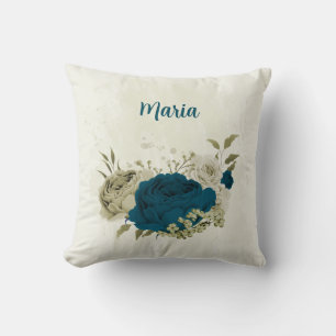 teal blue beige floral cushion