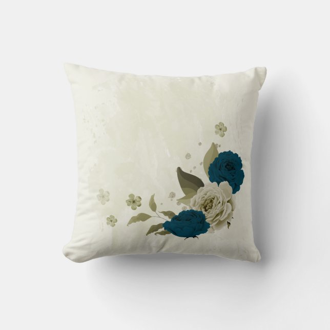 teal blue beige floral cushion (Front)