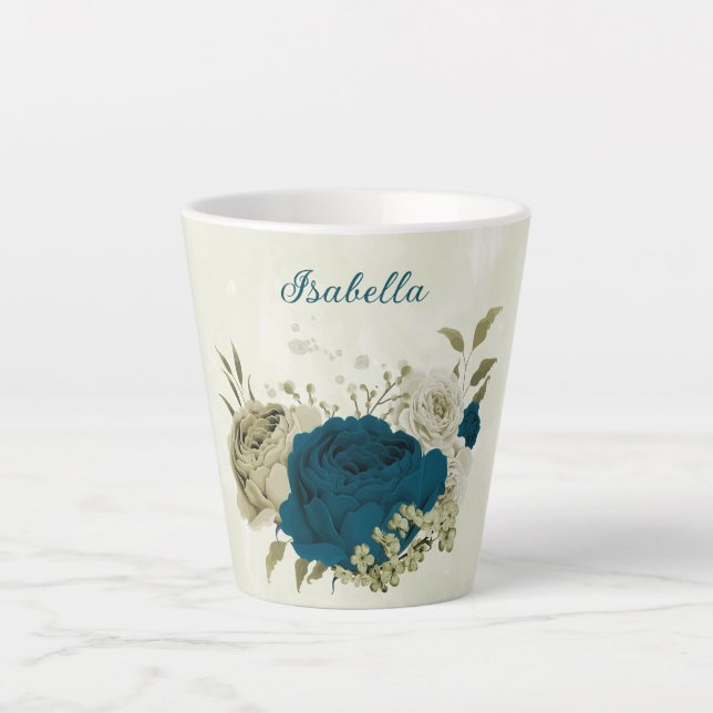 teal blue beige floral  latte mug (Front)