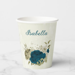 teal blue beige floral paper cups