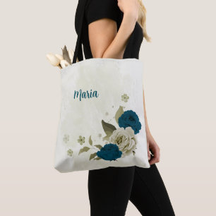 teal blue beige floral tote bag