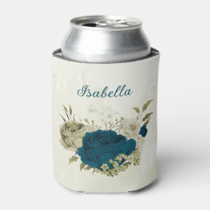 teal blue beige floral wedding can cooler