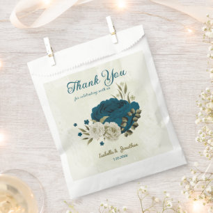 teal blue beige floral wedding favour bag