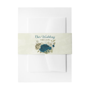 teal blue beige floral wedding  invitation belly band