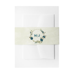 teal blue beige floral wedding  invitation belly band